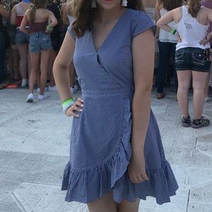 J Crew Faux Wrap Blue and White Gingham with Ruffle Hem